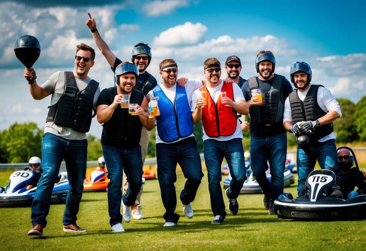 A group of men engaged in various stag do activities, such as paintball, go-karting, and pub hopping, with a sense of excitement and camaraderie