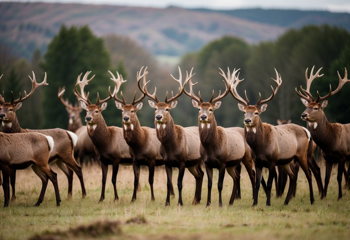 A group of stags gathered in a forest clearing, standing tall and alert, their antlers reaching towards the sky