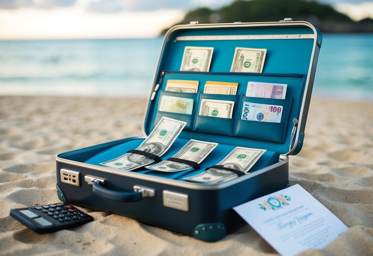 A beach wedding setting with a suitcase open, filled with currency from various countries. A calculator and a wedding invitation are nearby