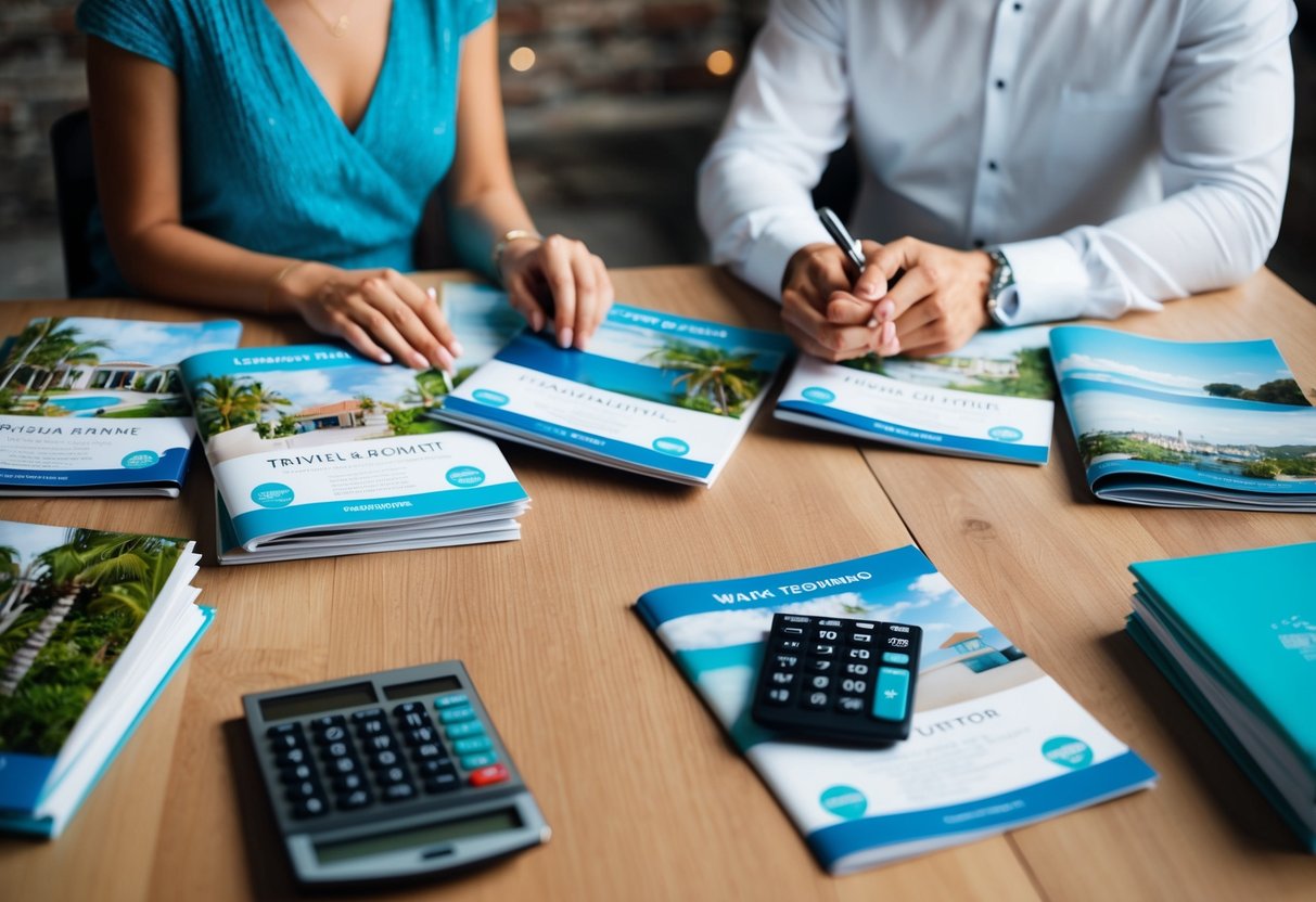 A couple sits at a table, surrounded by travel brochures and a calculator. They discuss and plan their budget for a destination wedding gift