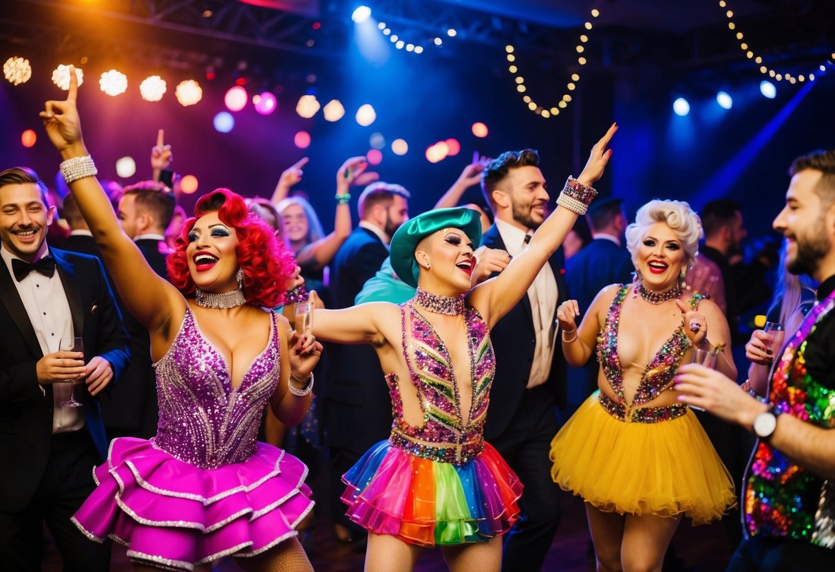 A lively stag and drag party with music, dancing, and colorful costumes
