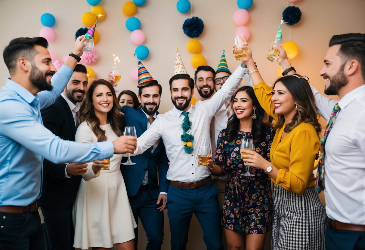 A group of people celebrating with a mix of masculine and feminine decorations, music, and activities