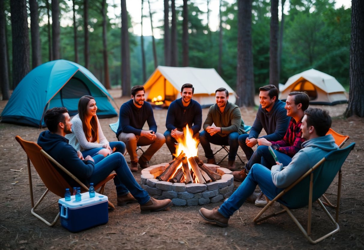 A group of friends gathered around a bonfire in the woods, with tents set up in the background and a cooler full of drinks nearby