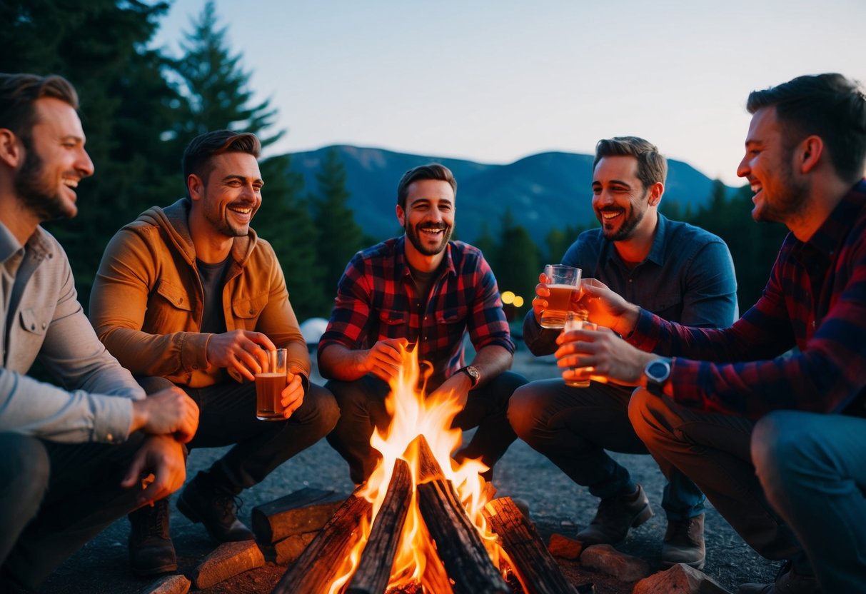 A group of men laughing and drinking around a bonfire at a campsite