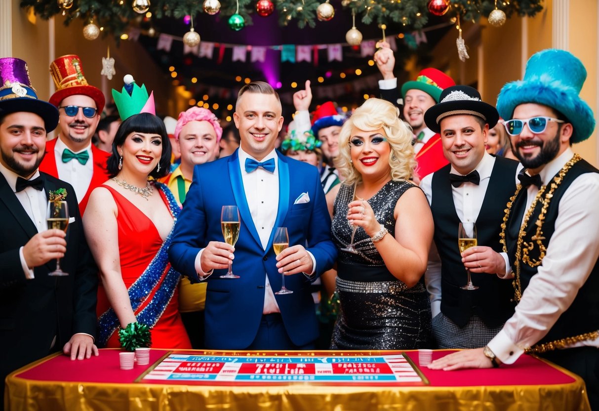 A lively stag and drag party with people dressed in formal attire and costumes, surrounded by festive decorations and a raffle table