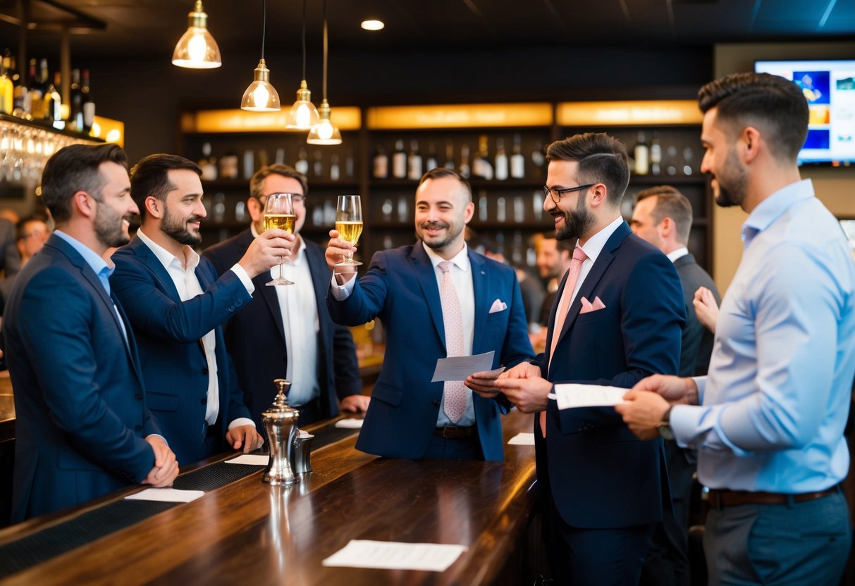 A group of men gathered in a bar, one raises a toast. Another hands out invitations, while others discuss plans and activities