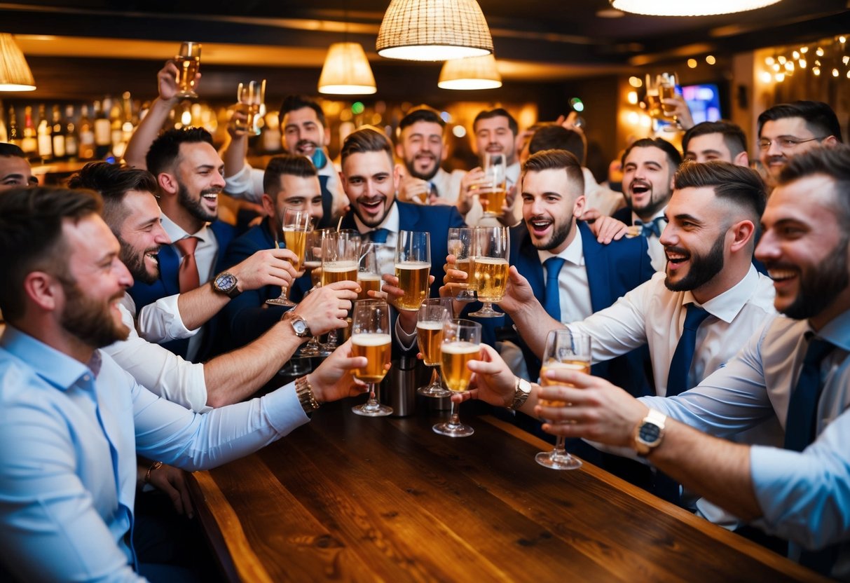 A group of 20 stags partying in a lively bar, clinking glasses and laughing, with a rowdy, celebratory atmosphere