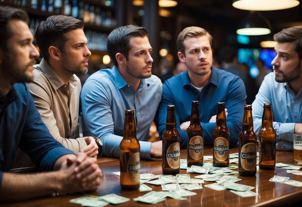 A group of men at a bar, surrounded by empty beer bottles and scattered cash. One man looks concerned while others appear to be debating