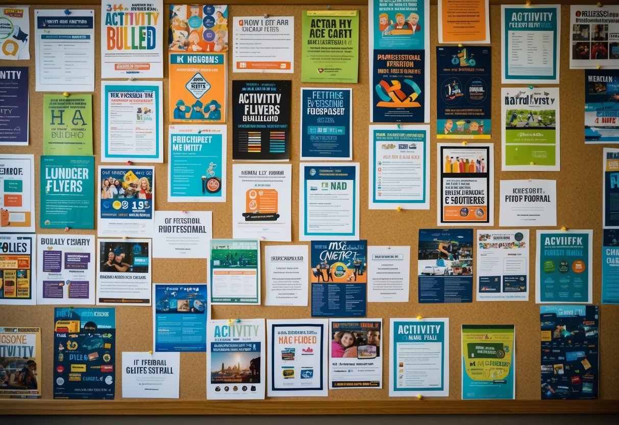 A crowded bulletin board covered in various activity flyers and posters