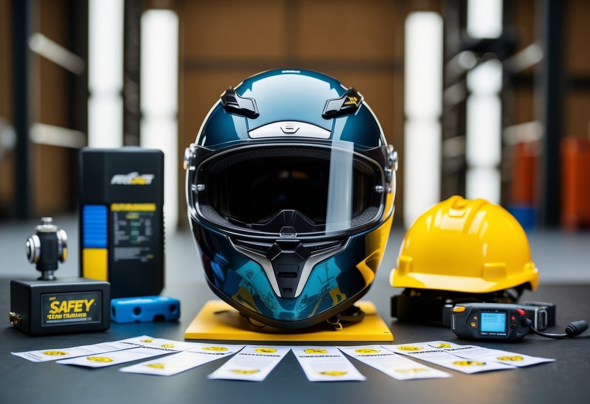 Um capacete com design elegante e recursos avançados, cercado por equipamentos de teste de segurança e avaliações positivas de clientes.