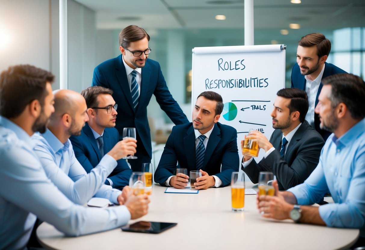 A group of men debating around a table, some with drinks in hand. A whiteboard or chart with "Roles and Responsibilities" written on it in the background