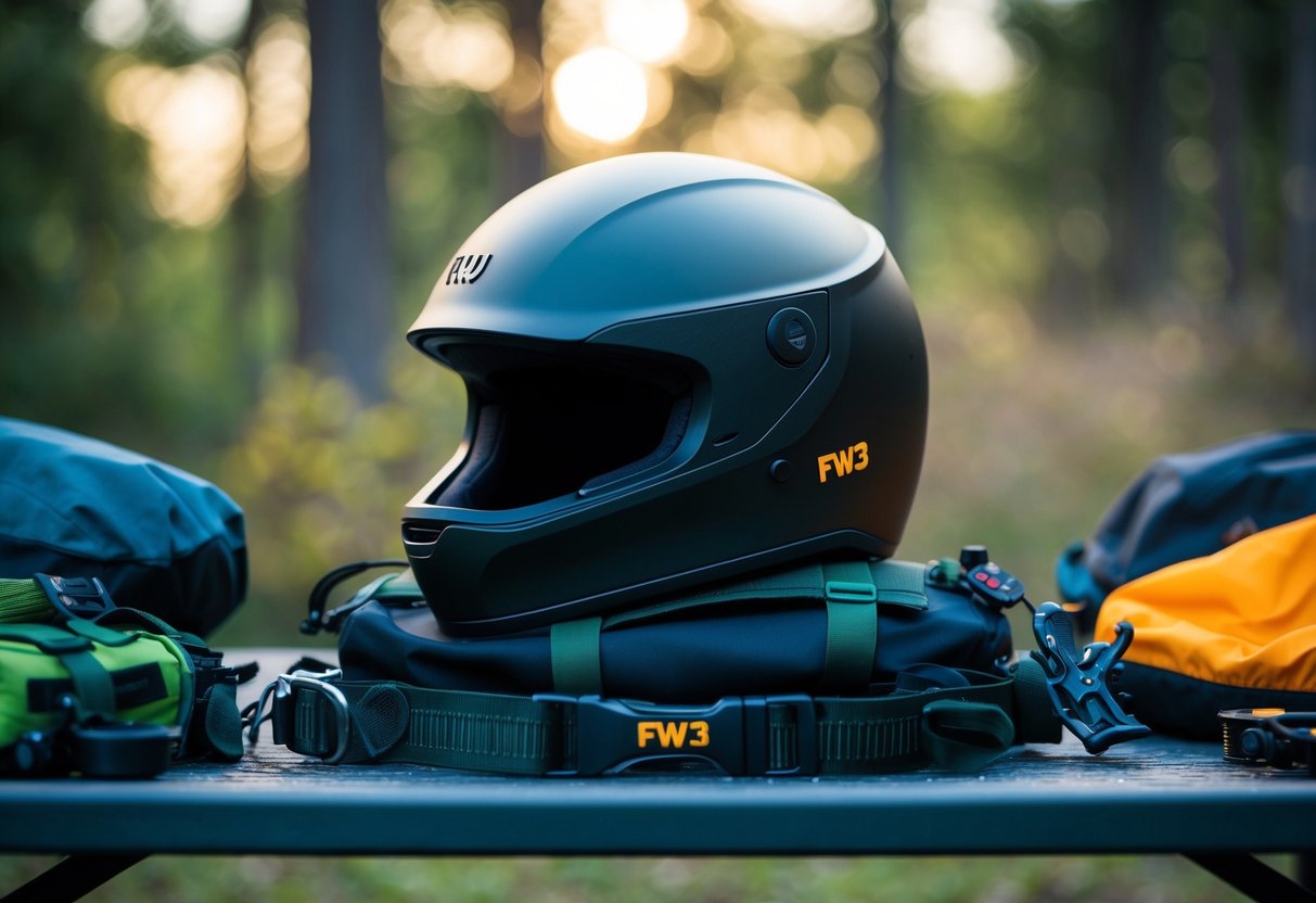 Um elegante capacete FW3 repousa sobre uma mesa robusta, cercado por vários equipamentos de outdoor. Sua construção durável e materiais de alta qualidade são evidentes em seu design elegante.