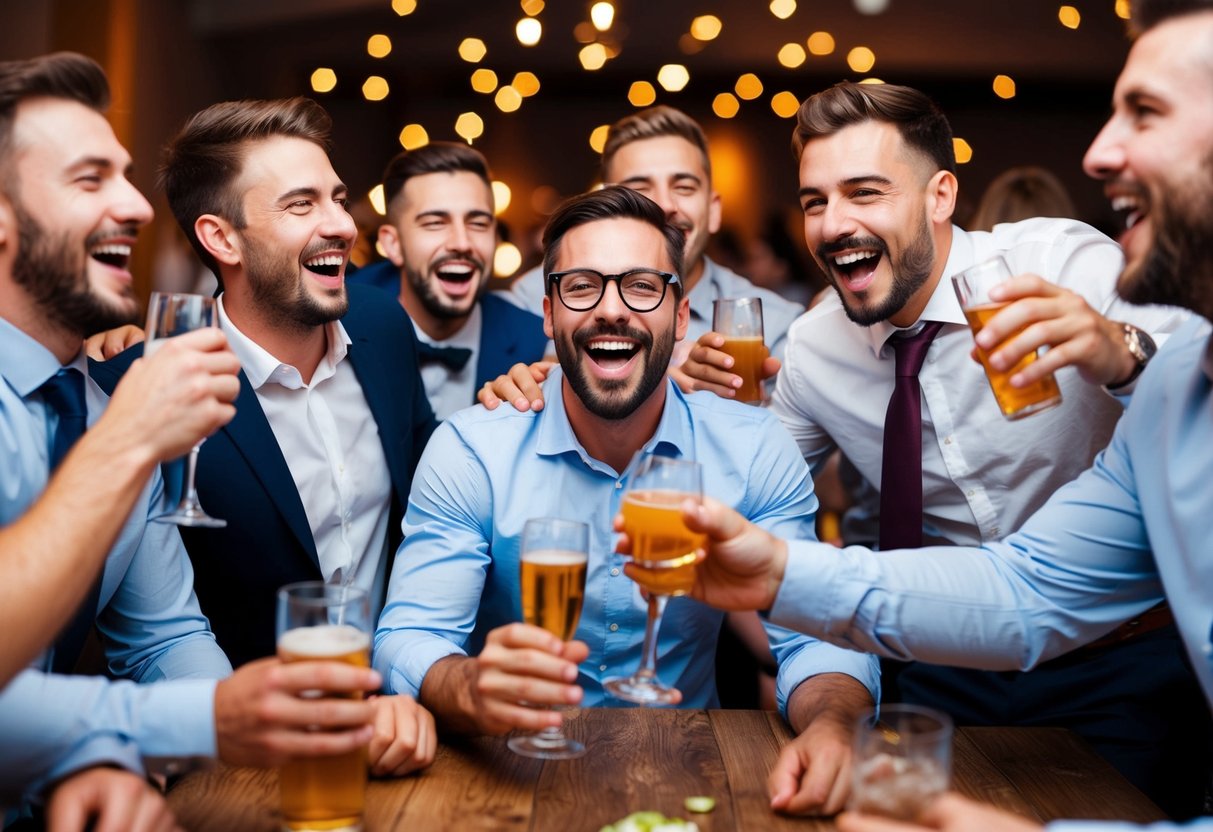 A group of men celebrating at a lively stag party with drinks and laughter