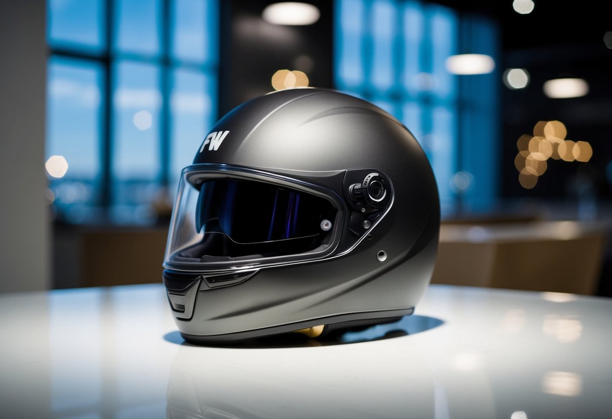 Um capacete FW3 elegante e moderno repousa sobre uma superfície limpa e bem iluminada, destacando sua qualidade e características de design.