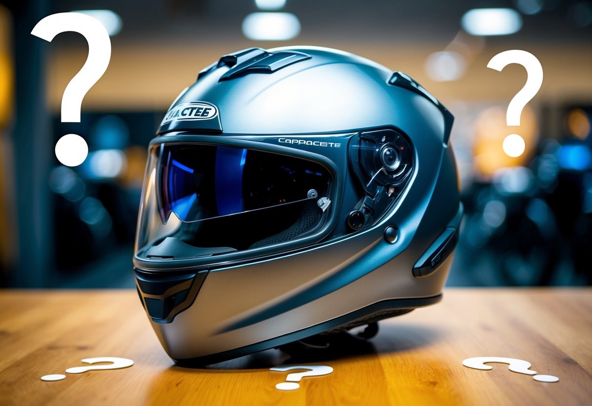 Um capacete de motocicleta moderno e elegante (Capacete FW3) exibido com suas principais características e qualidade, cercado por pontos de interrogação simbolizando curiosidade.