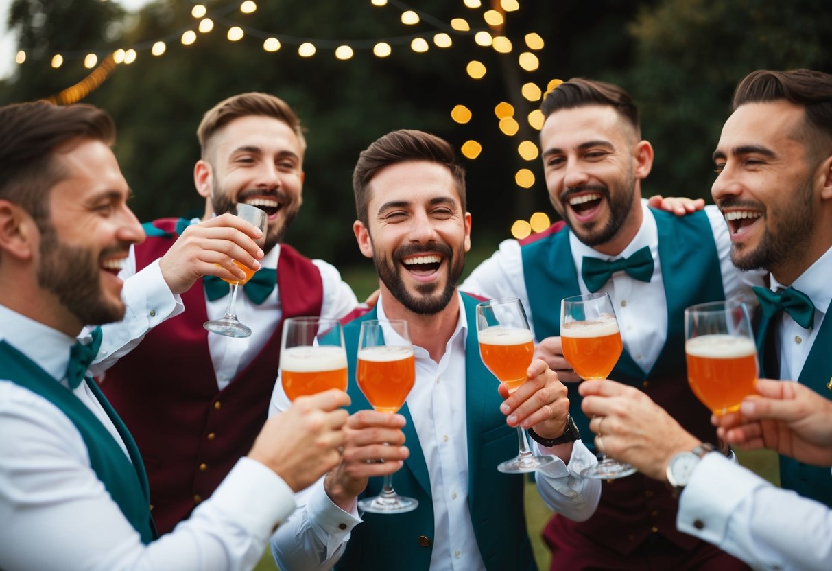 A group of men celebrating with drinks and laughter, wearing matching outfits and accessories