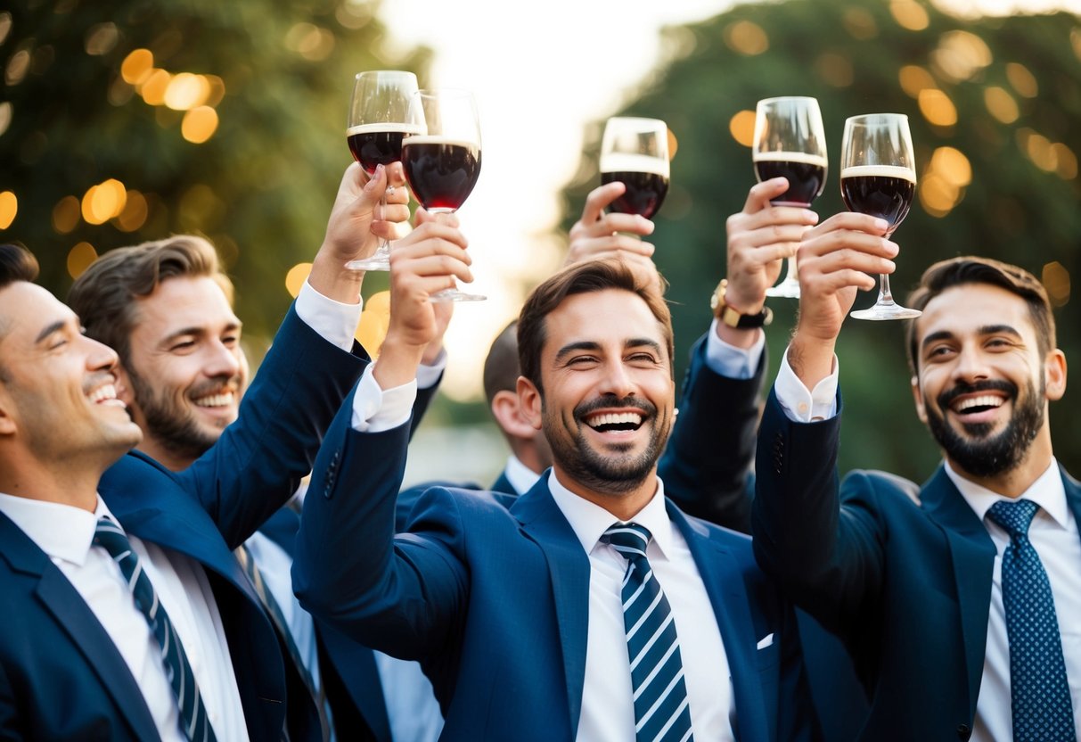 A group of men in suits and ties, laughing and raising their glasses in celebration