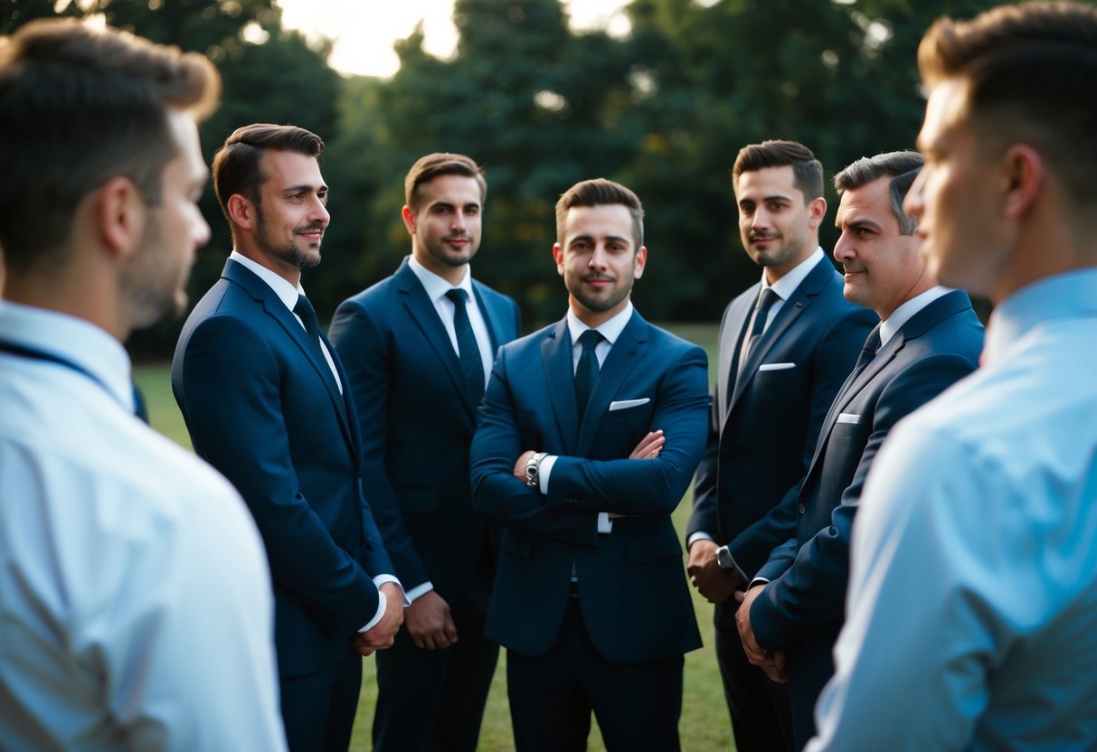 A group of male figures in formal attire, standing in a circle with a sense of camaraderie and anticipation