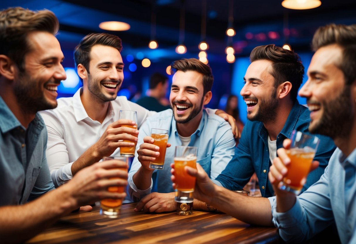 A group of men celebrating with drinks and laughter at a bar or nightclub