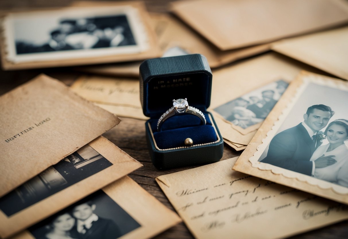 A wedding ring nestled among dusty old letters and faded photographs