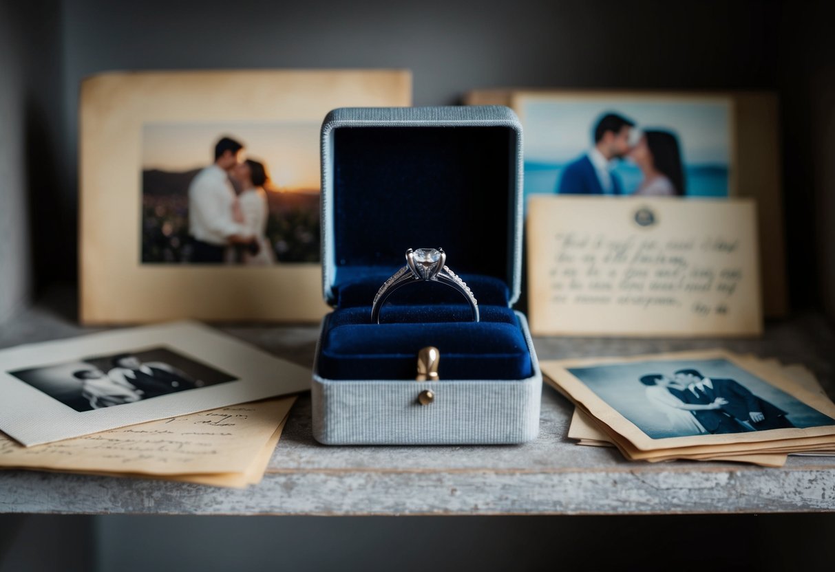 An empty wedding ring box on a dusty shelf, surrounded by old love letters and faded photographs
