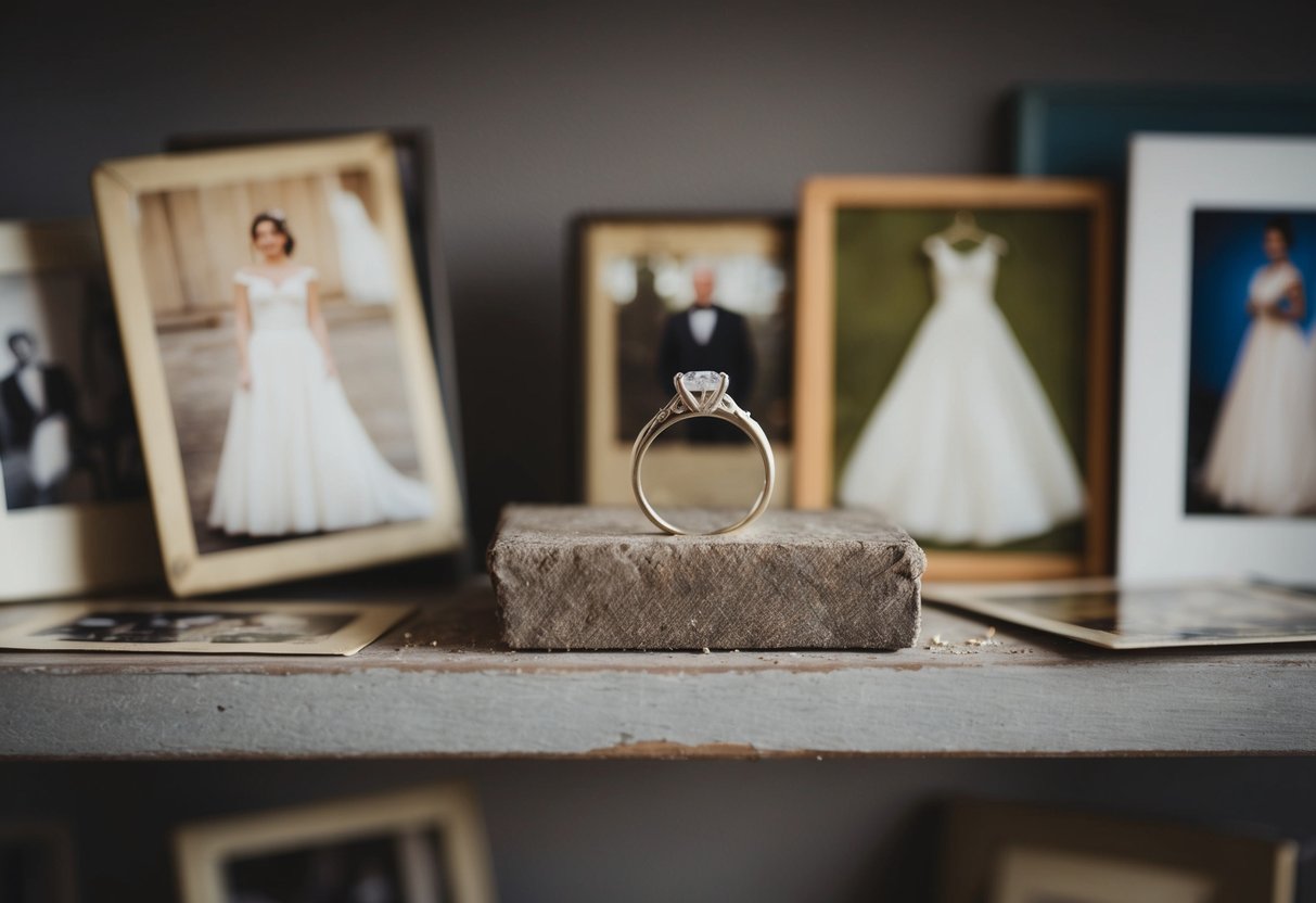 A wedding ring placed on a dusty shelf, surrounded by old photographs and a faded wedding dress