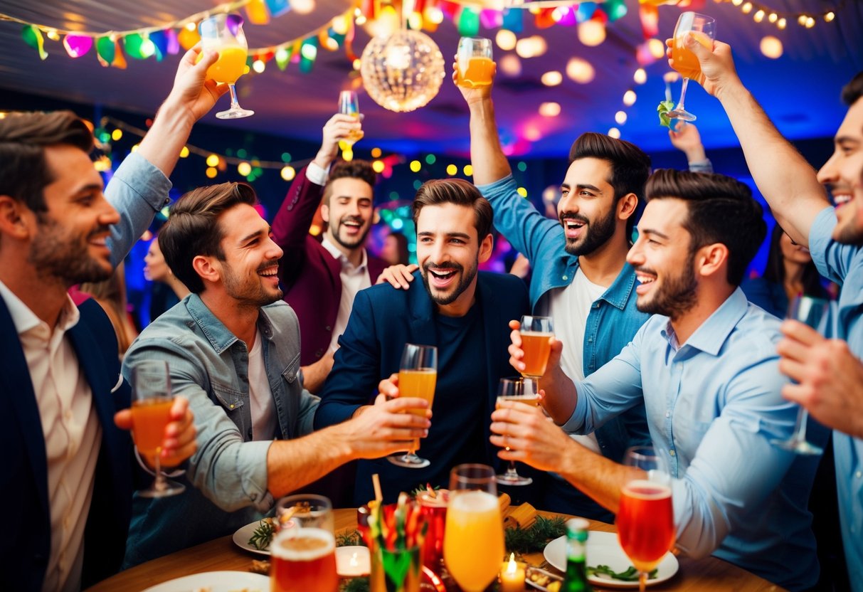 A group of male figures celebrating at a lively and vibrant party, with drinks, music, and festive decorations