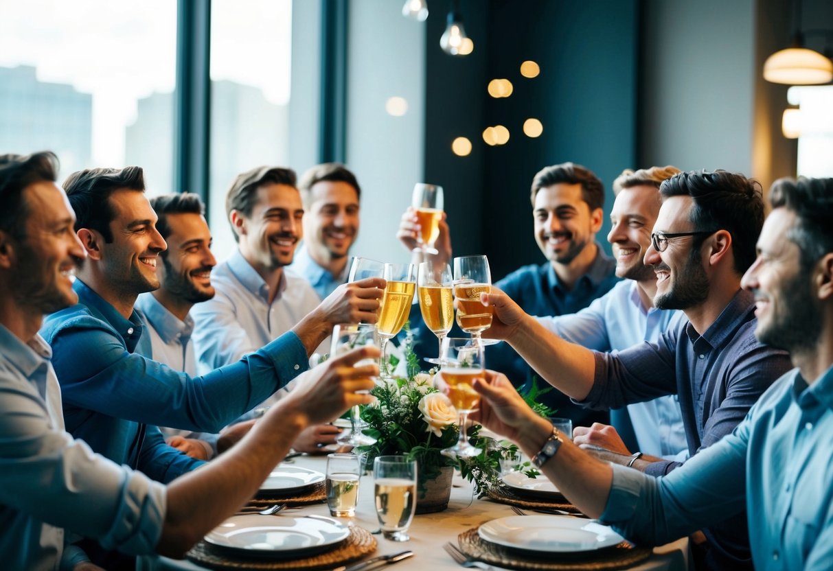 A group of male figures gathered around a table, raising glasses in celebration. A mix of laughter and conversation fills the air