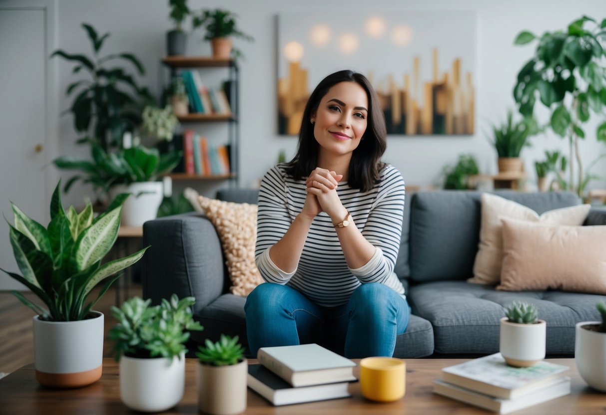 A single woman in a modern apartment, surrounded by books, plants, and art. She is content and independent, embracing her spinsterhood