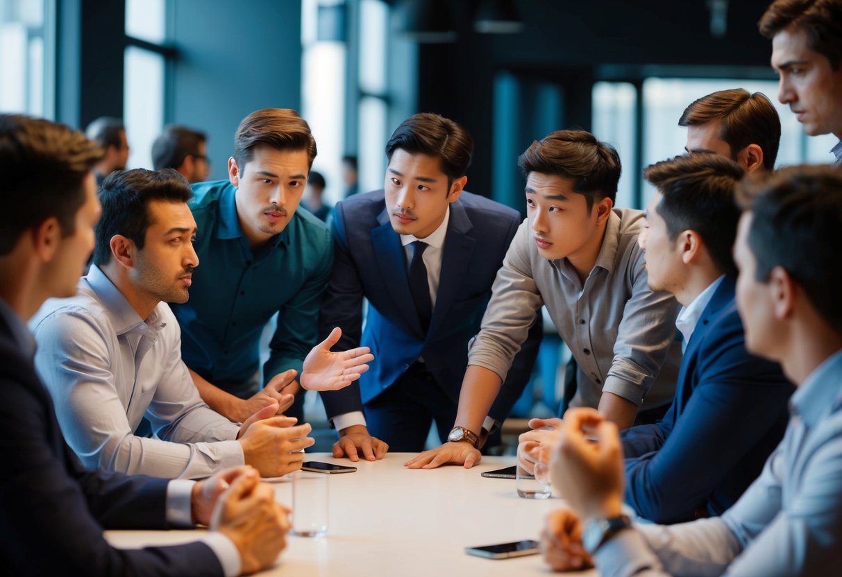 A group of male figures gather around a table, some looking hesitant while others appear eager. One figure stands out, seemingly contemplating whether to invite another figure who is not present