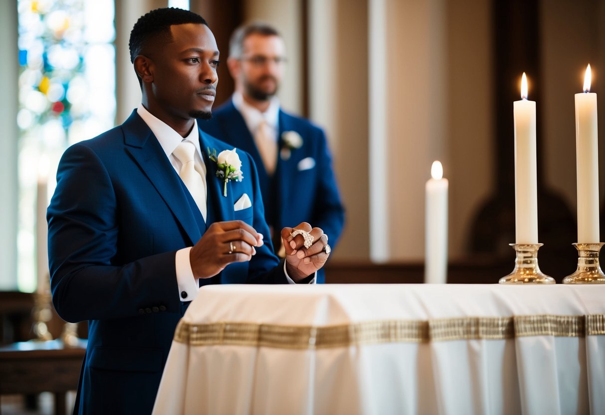 A suited figure stands at the altar, holding the wedding rings. A sense of honor and responsibility is conveyed through body language
