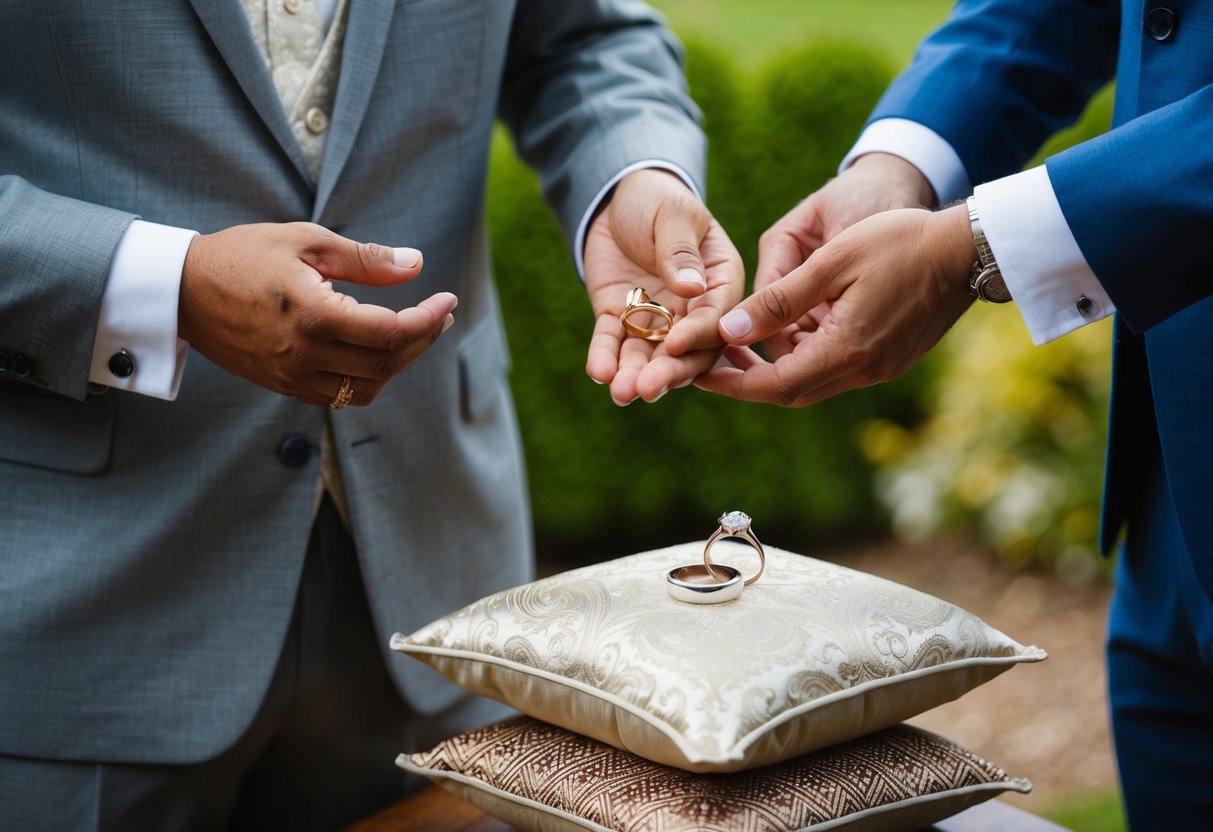 The best man stands beside the groom, holding the wedding rings on a decorative cushion