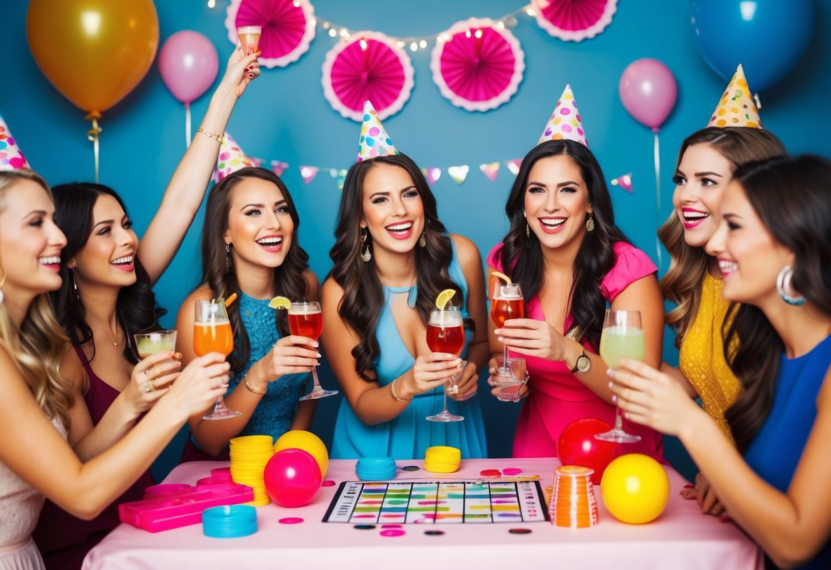 A group of women celebrating with drinks, decorations, and games at a bachelorette party