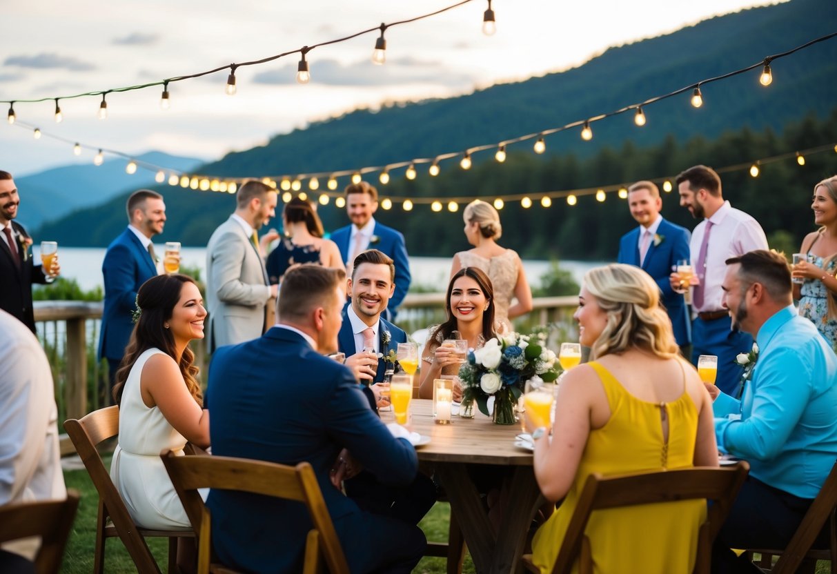 A group of people gather at a scenic outdoor location, enjoying drinks and conversation under the glow of string lights. A festive atmosphere is evident as guests mingle and celebrate the upcoming nuptials