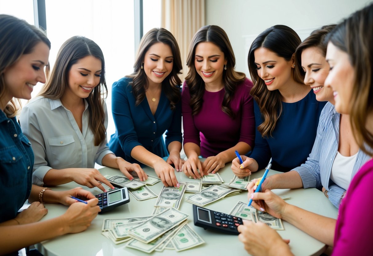 A group of women gather around a table, counting money and writing down expenses for a bachelorette party. A stack of bills and a calculator are visible on the table