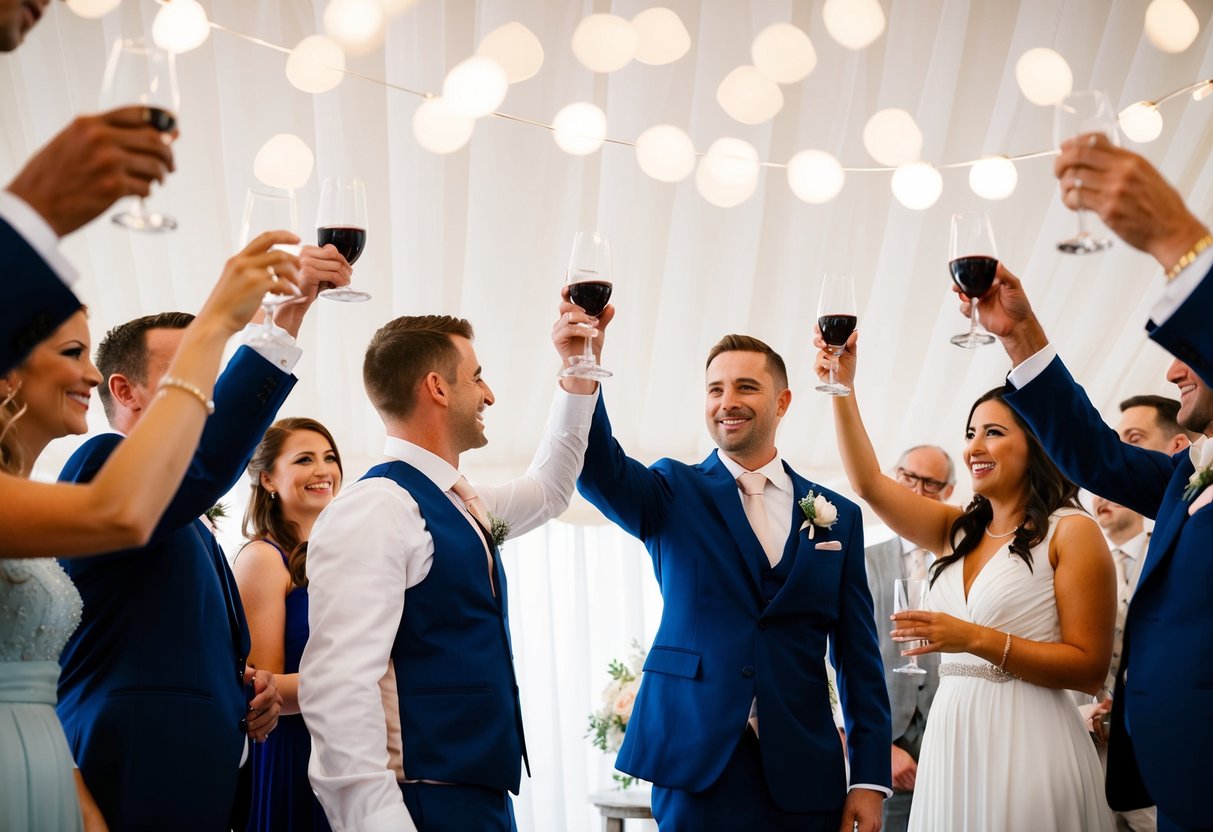 The best man raises a toast, standing beside the groom, as the guests raise their glasses in celebration
