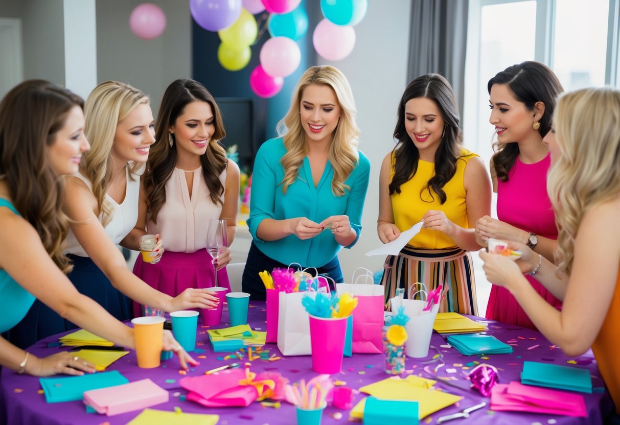 A group of women gather around a table covered in party supplies, discussing and tallying up the costs of a bachelorette party