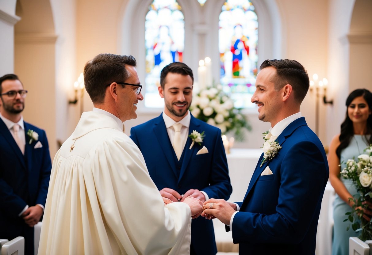 The best man stands at the altar, holding the groom's ring and looking on as the newlyweds exchange vows