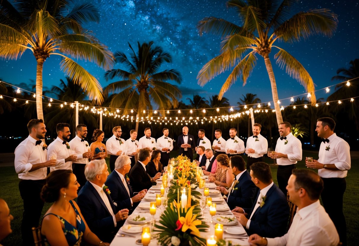 A group of guests gather under a starlit sky, surrounded by palm trees and twinkling lights. A long table is adorned with tropical flowers and candles, while servers offer drinks and hors d'oeuvres
