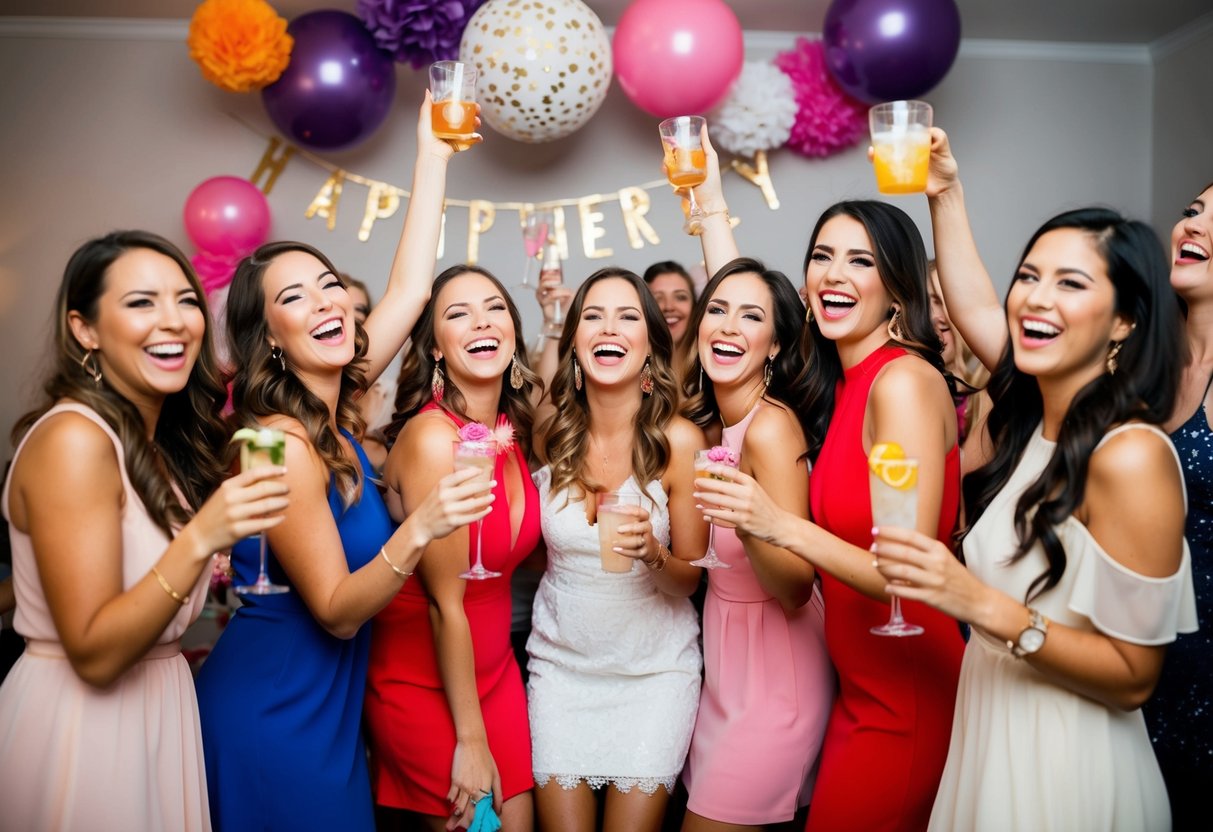 A group of women celebrating at a bachelorette party, with decorations, drinks, and laughter filling the room