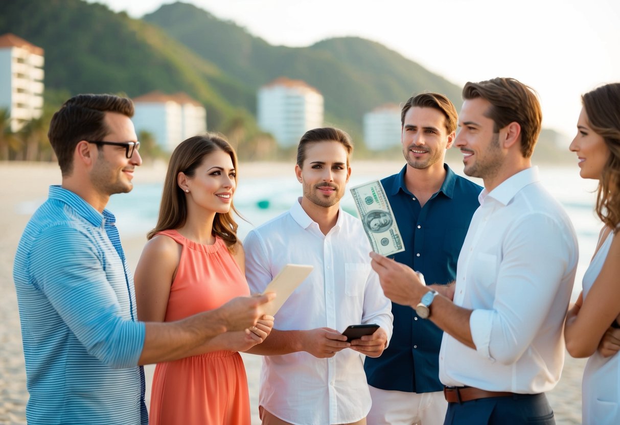 A group of people at a beachside resort, with one person holding a bill while others look on expectantly