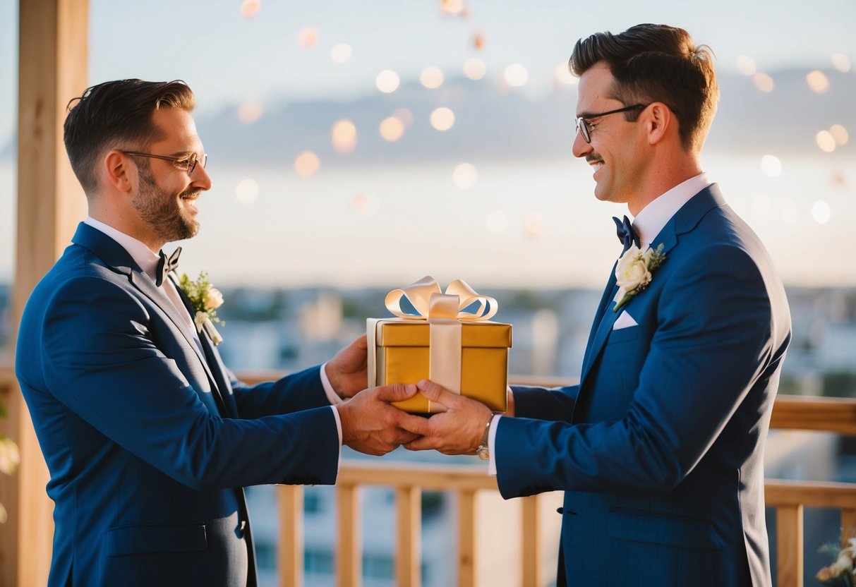 A groom hands a gift to his best man