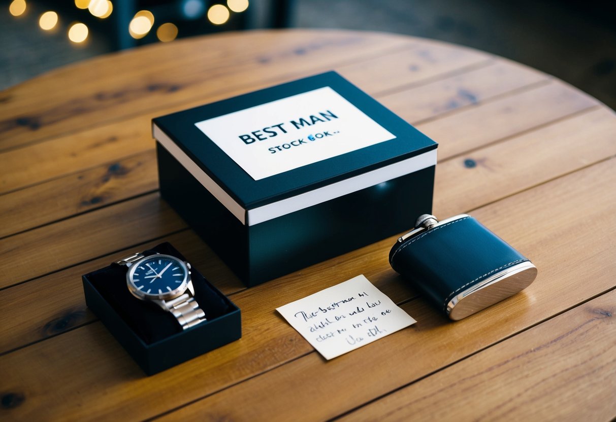 A best man gift box with a sleek watch, personalized flask, and a handwritten note on a wooden table