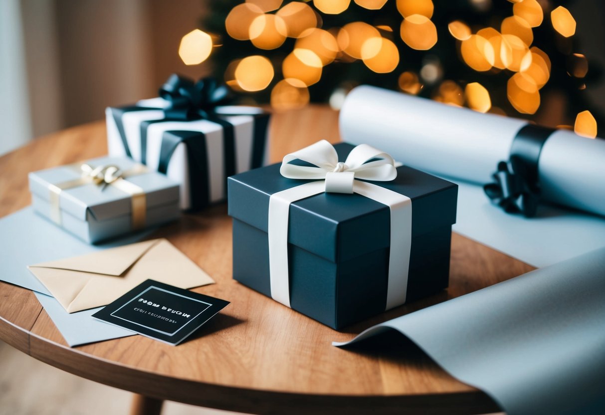 A gift box with a sleek, modern design sits on a wooden table, surrounded by elegant wrapping paper and a personalized card