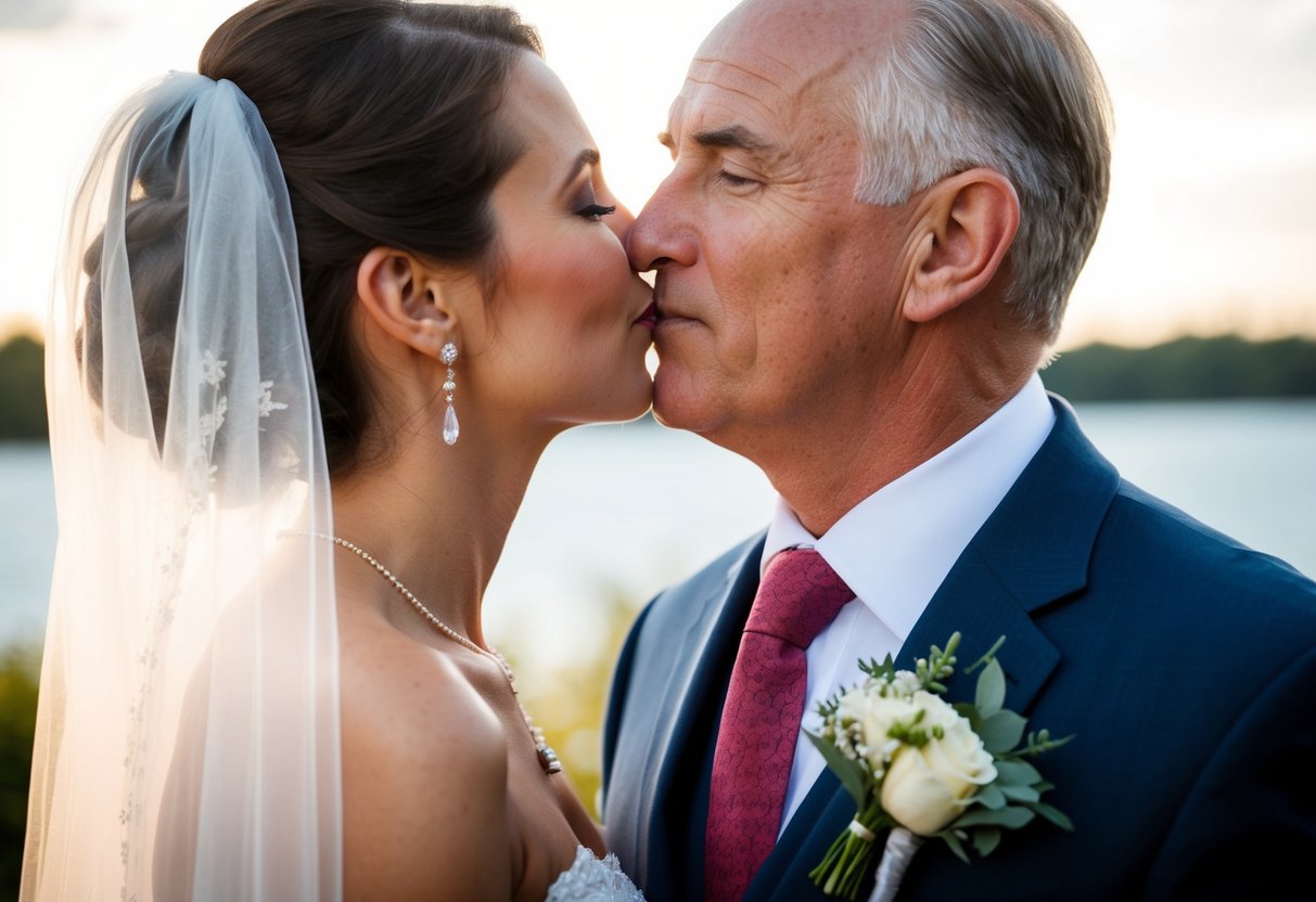 The father of the bride kisses her on the cheek