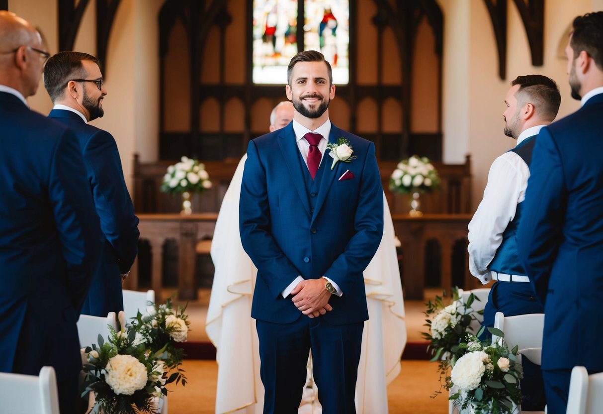 The groom stands before the altar, while the best man awaits his cue