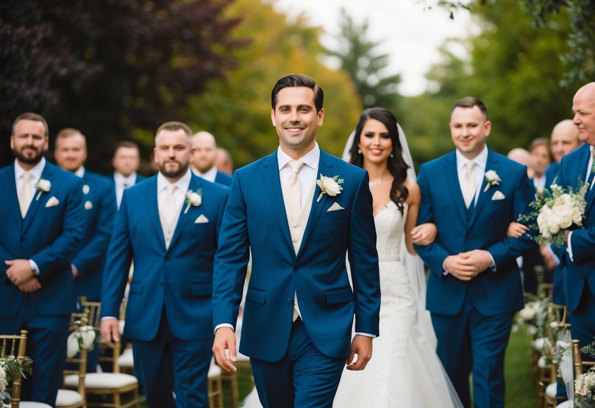 The groom leads the wedding processional, followed by the best man