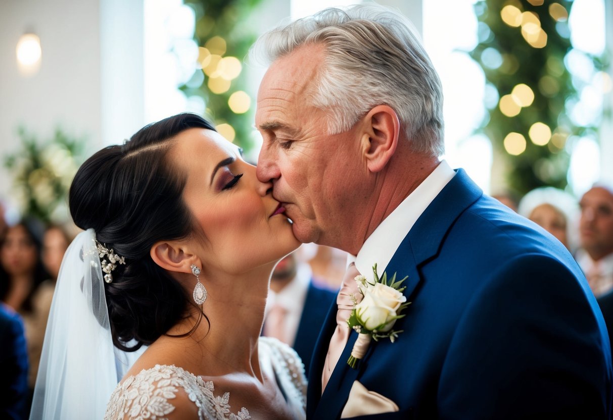 The father of the bride leans in to kiss her on the cheek during the ceremony