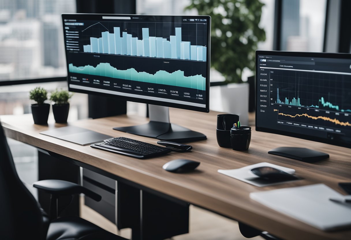 A modern office desk with a computer displaying a real estate SaaS platform, surrounded by charts, graphs, and a sleek, minimalist design