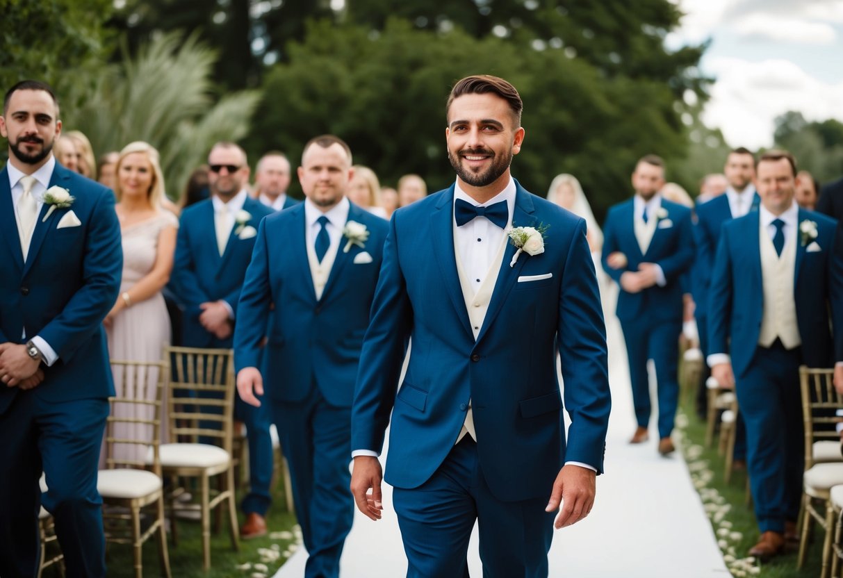 The groom leads the wedding processional, followed by the best man